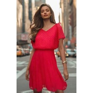 70s Queens Row Dress Womens Size Small Pleats Plisse Lace Blouson V-Neck Coral